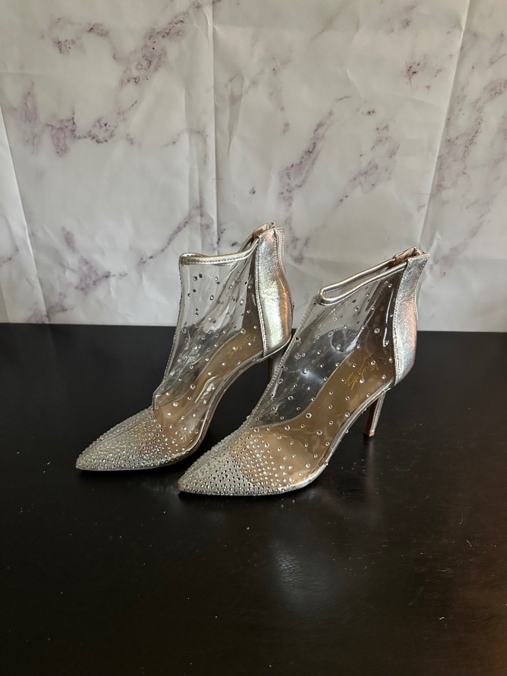 THALIA SODI SILVER RHINESTONE CLEAR ANKLE BOOTIES HEELS WOMENS SIZE 7